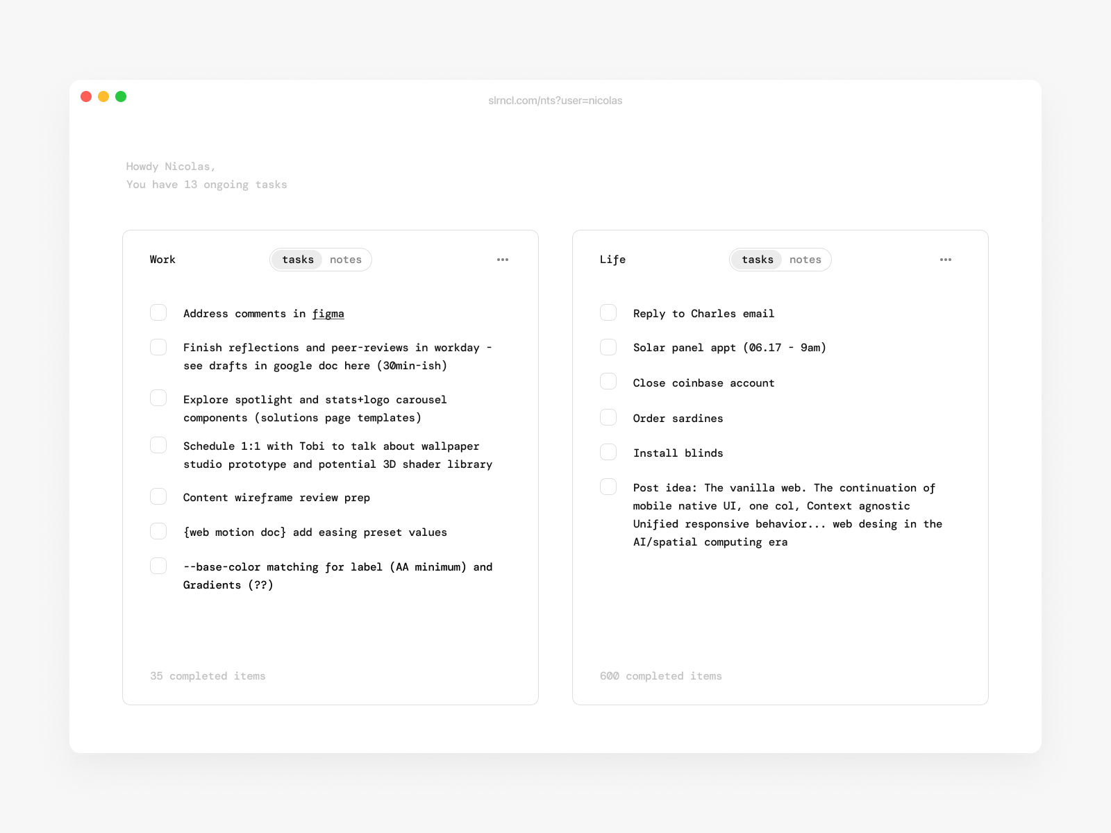 A minimal notes app with 2 task lists and one note md file associated to each